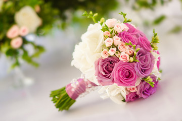 beautiful wedding bouquet roses white and pink, hydrangea white