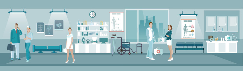 Medicine banners, doctors and hospital interiors health service room, people in the medical center vector