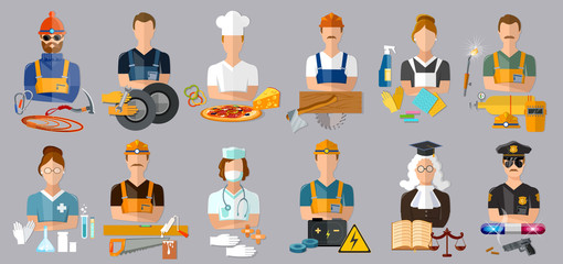 Fototapeta premium Collection professions. Profession people and avatars collection. Auto mechanic, cook, carpenter, laundress, electrician, judge, doctor, pharmacist, climber, policeman, welder vector