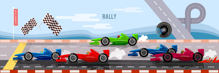 Car racing banner, cars on a start line banner, bolides, formula car speeding, tyre drift on race circuit finish line vector