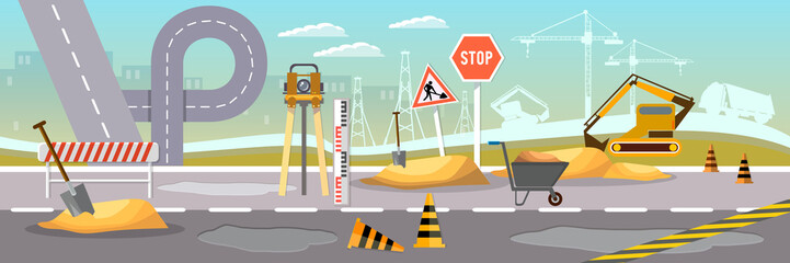 Road construction and road repair vector banner. Repair is expensive in the city. Road works construction and repair elements vector