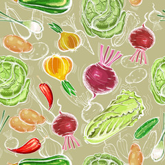 Vegetables seamless pattern. Fresh vegetarian healthy food. Eco farmer vegetables pattern, potato, carrot, cabbage, pepper