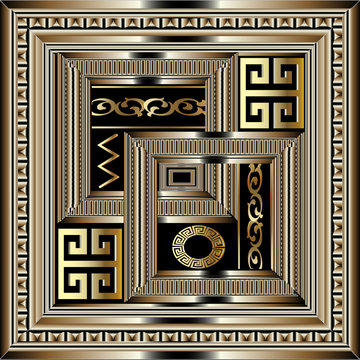 Luxury geometric greek key panel pattern. Square gold 3d meanders ornament with figured surface frame, baroque borders, circles, zigzag, shapes. Modern design for panel, card, wallpaper, tiles, decor