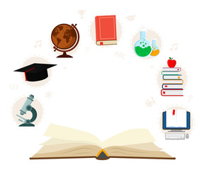 Open book with set elements knowledge icons isolated on white background. Education concept infographic. Vector illustration.