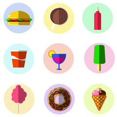 Colorful icons food, burgers, ice cream, drinks, donuts, vector illustration.