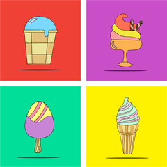Cute hand drawn  with different types of ice cream. Doodle texture with sweet desserts. Perfect background for cafe or restaurant menu. Vector illustration..