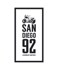 Vintage motorcycle vector logo isolated on white background.
Premium quality biker gang logotype tee-shirt emblem illustration. San Diego, California street wear superior retro tee print design.