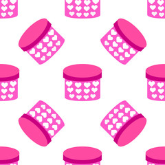 Seamless repeat pattern with a pink gift box on white background, vector illustration.Modern and original textile, wrapping paper, wall art design.