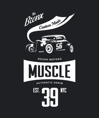 Vintage hot rod vehicle vector tee-shirt logo isolated on dark background.
Premium quality sport car logotype t-shirt emblem illustration. Bronx, New York street wear superior retro tee print design.