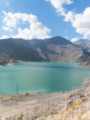 Mountains and peaks landscape. Lake of Yeso. Cajon del Maipo. Santiago of Chile