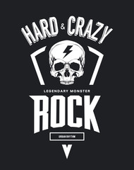 Vintage hard and crazy rock vector t-shirt logo isolated on dark background. Street wear legendary music style old retro tee print design.