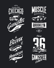 Vintage classic gangster, muscle car vector tee-shirt logo isolated set.
Premium quality old sport vehicle logotype t-shirt emblem illustration. American street wear superior retro tee print design.
