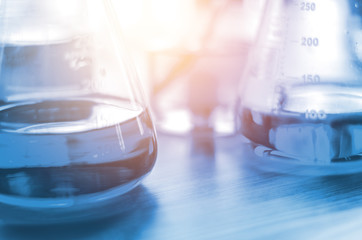 three erlenmeyer flask , Glassware on  science laboratory research and development