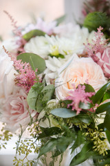 Close up of Pink and White Floral Wedding Bouquet with Roses