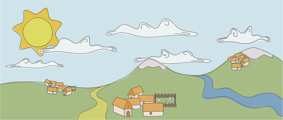 A colorful doodle about quiet towns living surrounded by mountains, snow, paths, rivers, clouds and the sun