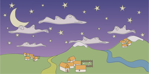 A colorful doodle about quiet towns living surrounded by mountains, snow, paths, rivers, clouds, stars and the moon