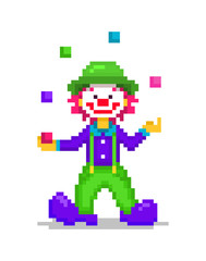 Obraz premium Pixel art illustration, happy smiling clown juggling 5 colorful balls isolated on white background. Circus show actor, male character in violet shirt and shoes, green hat and pants with suspenders.