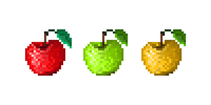 Set of pixel art icons. Red, green, yellow apples with leaf. Old school 8 bit illustration isolated on white background. Healthy food symbol. Diet emblem. Retro 80s,90s video game object design.