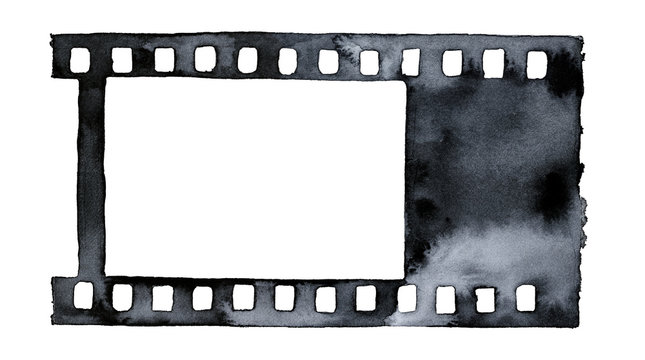 Film strip watercolour drawing. Can be used as texture, mockup, photoframe, silhouette, pattern, decor, composition element. Hand drawn water colour paint on white backdrop, cut out clip art.