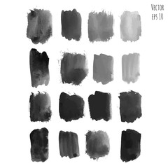 Set of dark black vector watercolor hand painted texture backgrounds isolated on white. Abstract collection of acrylic dry brush splash, strokes, stains, spots, blots. Creative grunge frame, drawing.