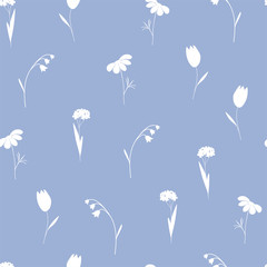 Floral seamless pattern with tulips, forget-me-nots, daisies, bells. Vector.