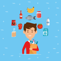 man with supermarket groceries in shopping bag vector illustration design