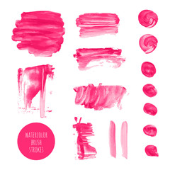 Pink, rose, magenta vector watercolor hand painting dry brush stroke texture kit. Abstract grunge collection. Set of acrylic stains, spots, lines isolated on white background. Makeup frame for design.