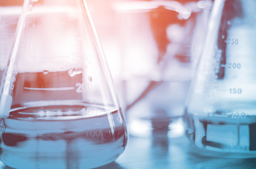 three erlenmeyer flask , Glassware on  science laboratory research and development