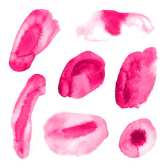 Pink, rose, magenta vector watercolor hand painting dry brush stroke texture kit. Abstract grunge collection. Set of acrylic stains, spots, lines isolated on white background. Makeup frame design.