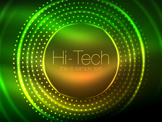 Magic neon circle shape abstract background, shiny light effect template for web banner, business or technology presentation background or elements, vector illustration