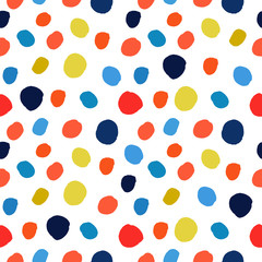 Navy blue, red, orange, chartreuse watercolor hand painted polka dot seamless pattern. Acrylic ink circles, confetti round texture. Abstract vector illustration, fabric textile, design greeting cards.