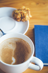 coffee cup on brown wooden background (coffee, top)