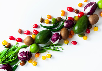 bright Background of fresh summer ripe Fruits and Vegetables. Organic products isolated on white background. Copy space. supermarket High resolution product