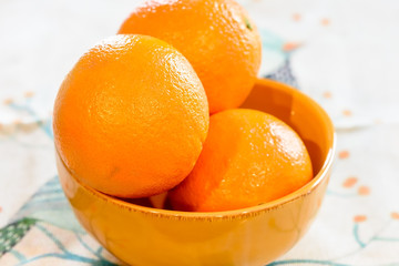 Isolated oranges in yellow bowl with room for text