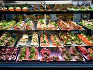 many danish sandwiches in store window, typical