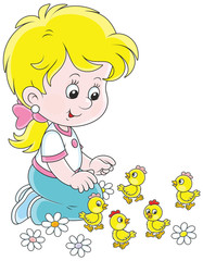 Little girl playing with small funny chicks, a vector illustration in a cartoon style