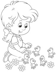 Little girl playing with small funny chicks, a black and white vector illustration in a cartoon style for a coloring book