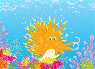 Fototapeta na wymiar Funny tropical mollusc among colorful corals on a reef, a vector illustration in a cartoon style