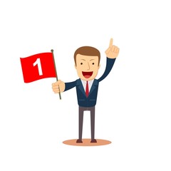 Happy businessman holding number one flag Successful Start up business concept. Vector illustration