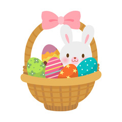 Easter basket with colorful Easter eggs and cute rabbit on a white background