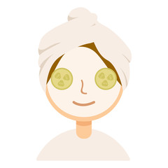 Woman with facial mask and cucumber slices on her eyes on white background