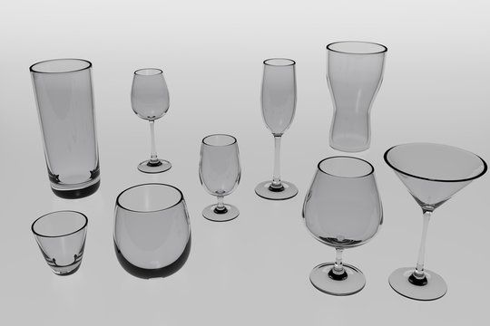 A 3d rendering of very different glasses for different occasions