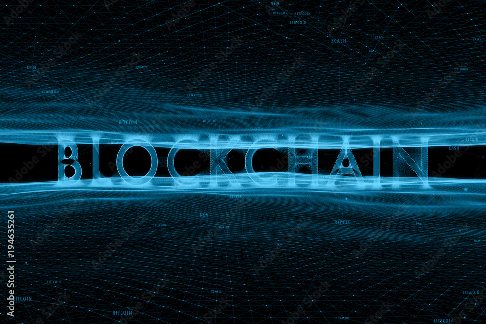 Aufkleber artistic blockchain word on abstract blue cyberspace background with lines and dots illustration.
