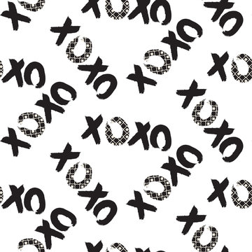 Xoxo seamless vector pattern. Brush stroke black and white repeat background.