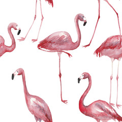 Watercolor tropical seamless pattern with flamingo
