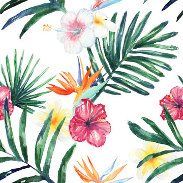 Watercolor tropic leaves and flowers seamless pattern