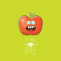 vector funny cartoon cute red apple character isolated on green background. My name is apple vector concept. super funky fruit food character