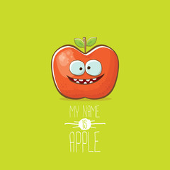 vector funny cartoon cute red apple character isolated on green background. My name is apple vector concept. super funky fruit food character