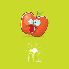 vector funny cartoon cute red apple character isolated on green background. My name is apple vector concept. super funky fruit food character