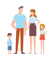 Young Family together - mother, dad and children. Cartoon style, flat vector illustration.